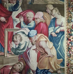 Wandteppich, der die Taten der Apostel darstellt, der Tod des Ananias, Detail einer Gruppe von Zuschauern, die von Angst ergriffen sind, gewebt in der Beauvais-Werkstatt unter der Leitung von Philippe Behagle